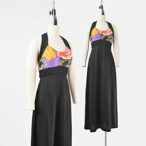 Vintage 70s Black Floral Halter Neck Empire Waist A-line Maxi Dress S
